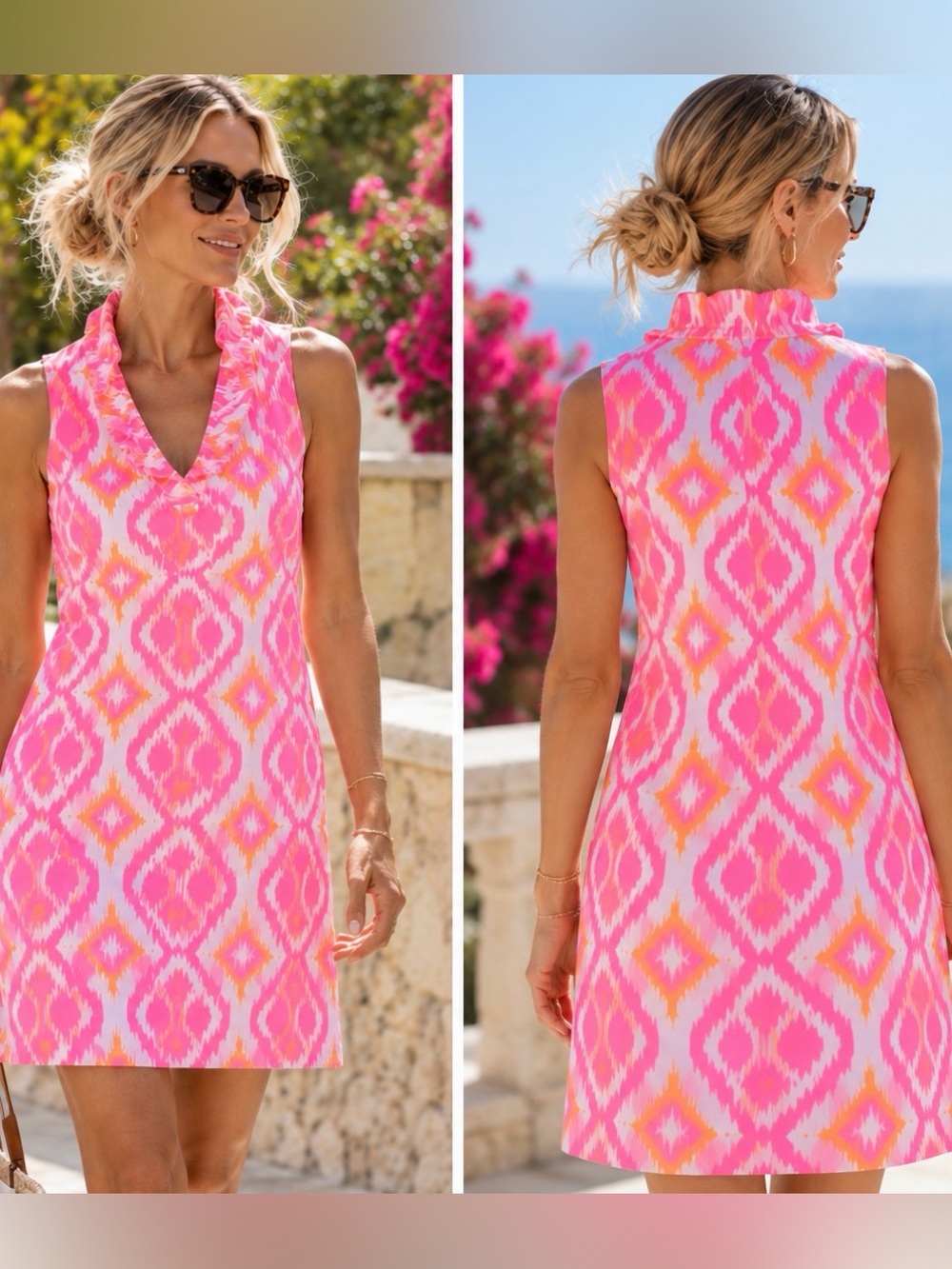 Gretchen Scott Pink Orange Ikat Ruffle Collar Shift Dress 0-2 Shrimp